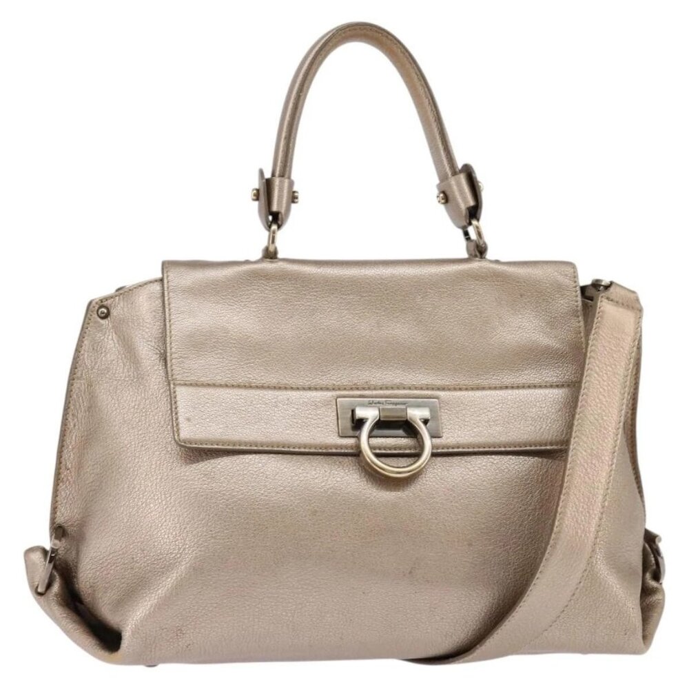 Salvatore Ferragamo Gancini Hand Bag Leather 2way Beige Gold Auth BA5964